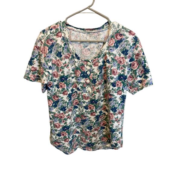 American Vintage Tops - Vintage Floral Short Sleeve T-Shirt Top Cotton Cottage Scoop Neck Shirt Size M/L